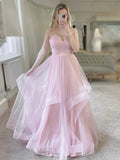 Long A-line Sweetheart Tulle Prom Dress Pink Formal Evening Gowns
