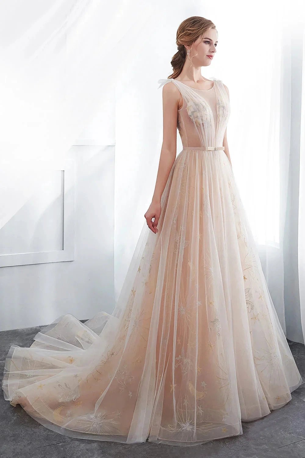 Long A-line Tulle Backless Champangne Evening Dresses