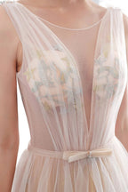 Long A-line Tulle Backless Champangne Evening Dresses
