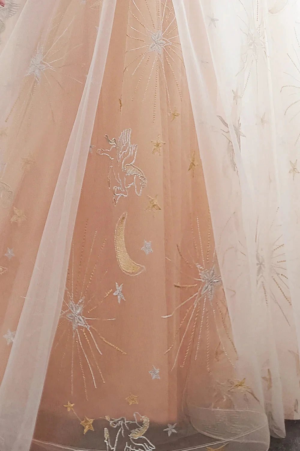 Long A-line Tulle Backless Champangne Evening Dresses