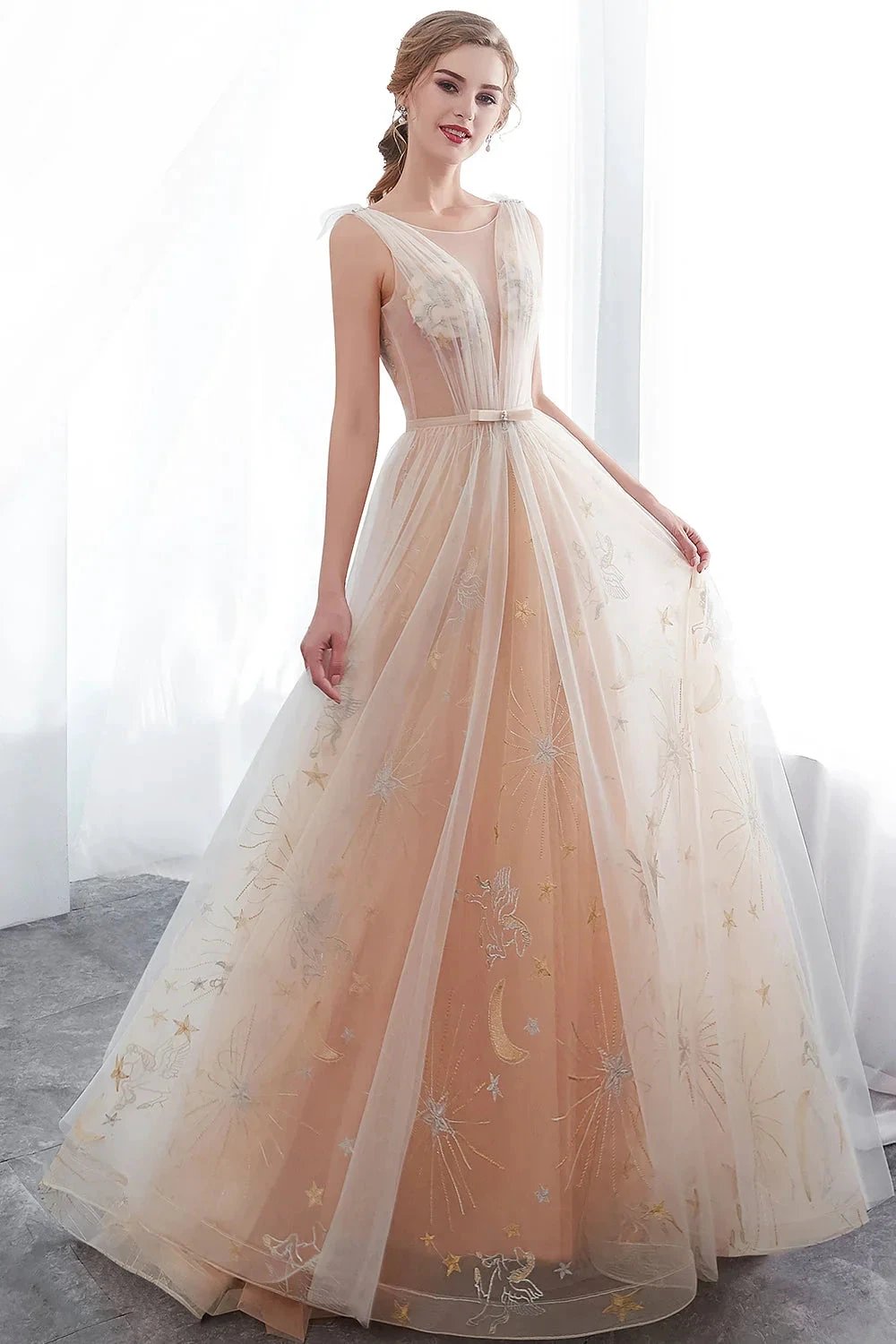 Long A-line Tulle Backless Champangne Evening Dresses