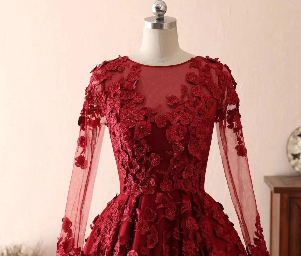 Long A-line Tulle Jewel 3D Floral Appliques Lace Prom Dress