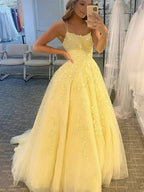 Long A-line Tulle Lace Backless Formal Graduation Prom Dresses