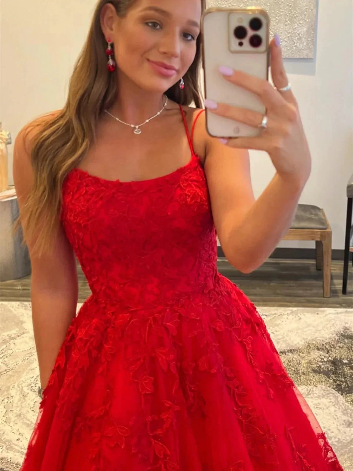 Long A-line Tulle Lace Backless Prom Dresses Red Formal Evening Dresses