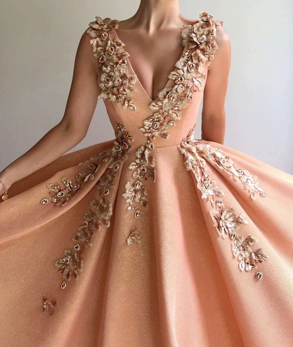 Long A-line V-neck Appliques Lace Satin Prom Dress