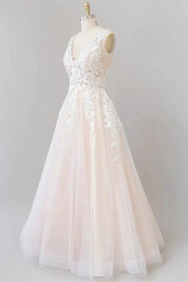 Long A-line V-neck Appliques Lace Tulle Backless Wedding Dress