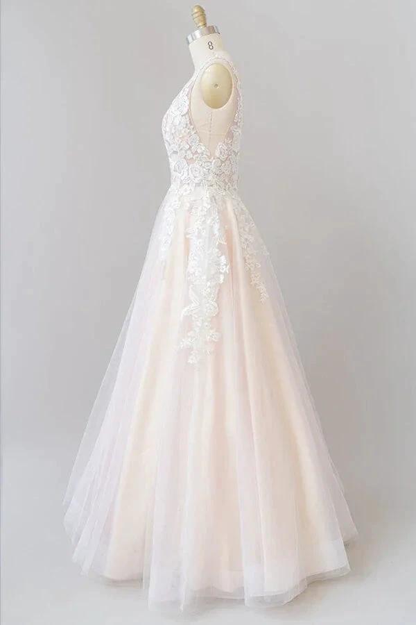 Long A-line V-neck Appliques Lace Tulle Backless Wedding Dress