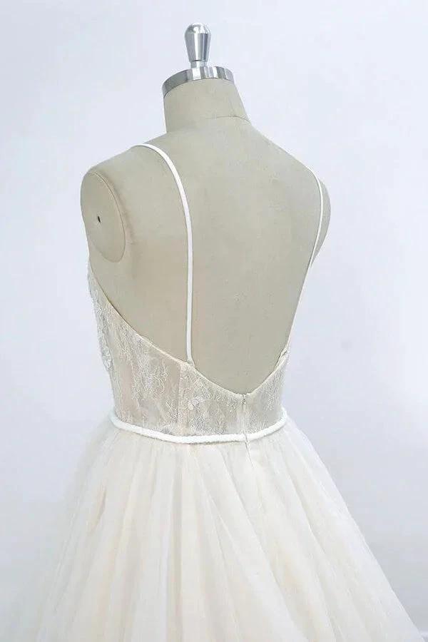 Long A-line V-neck Appliques Lace Tulle Wedding Dress