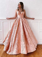 Long A-line V Neck Backless Lace Prom Dresses with Corset Back