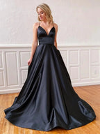 Long A-line V-neck Backless Satin Prom Dresses Black Open Back Formal Gowns