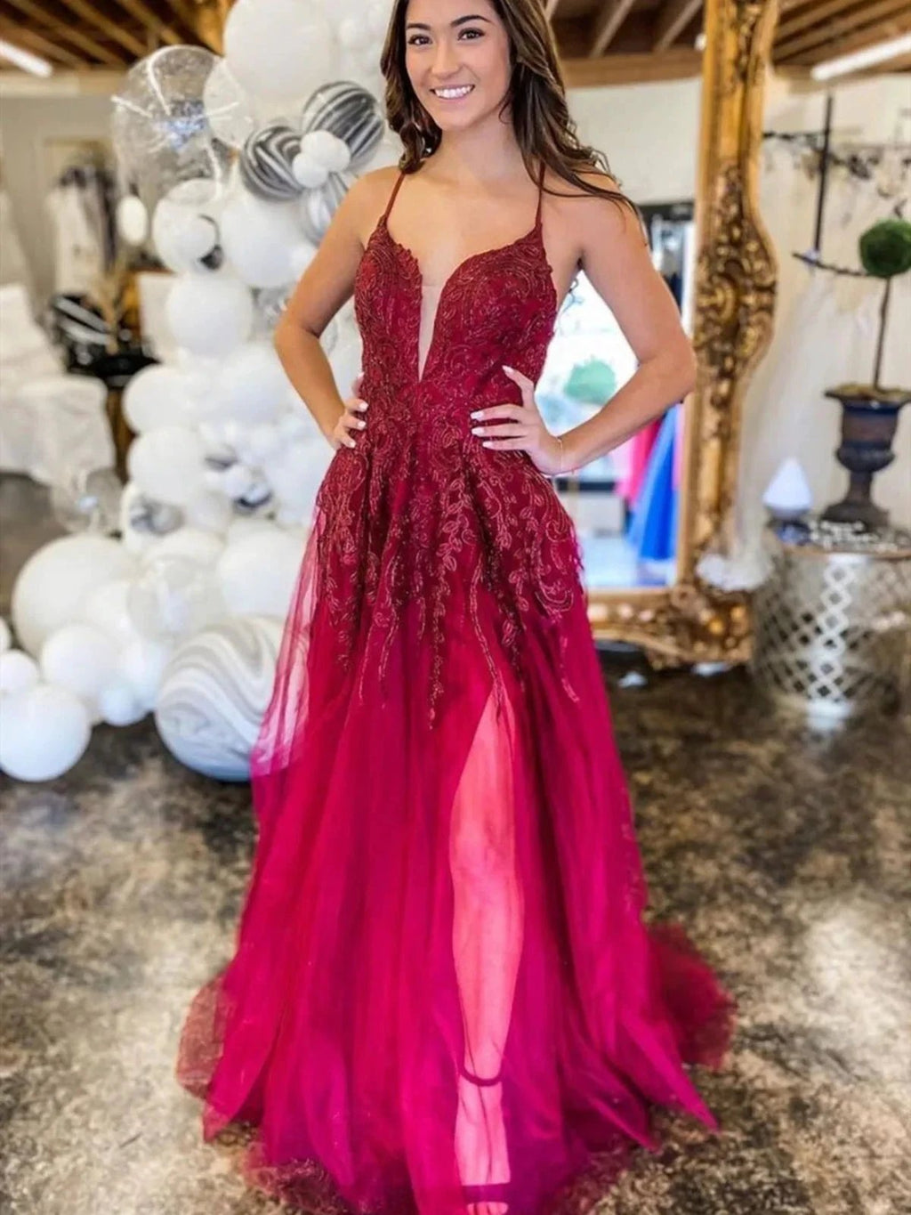 Long A-line V Neck Backless Tulle Lace Prom Formal Evening Dress with Slit