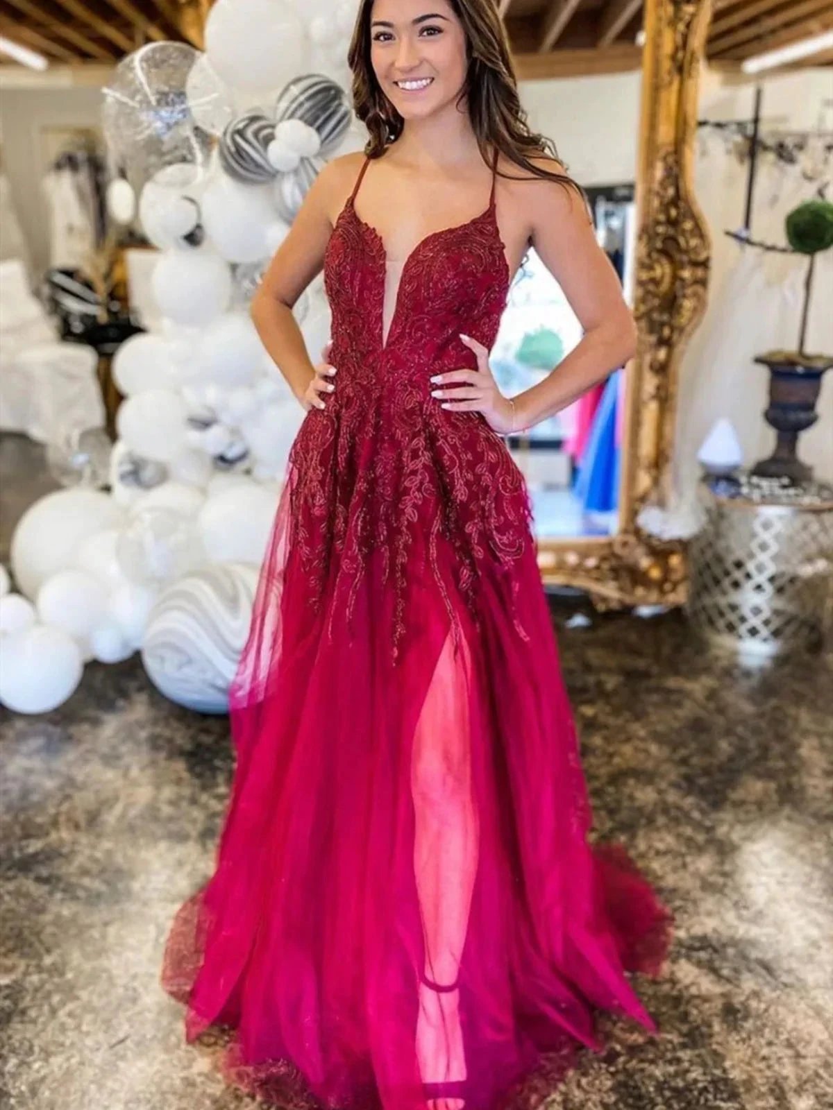 Long A-line V Neck Backless Tulle Lace Prom Formal Evening Dress with Slit