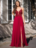Long A-line V Neck Chiffon Backless Lace Prom Graduation Dresses with Slit