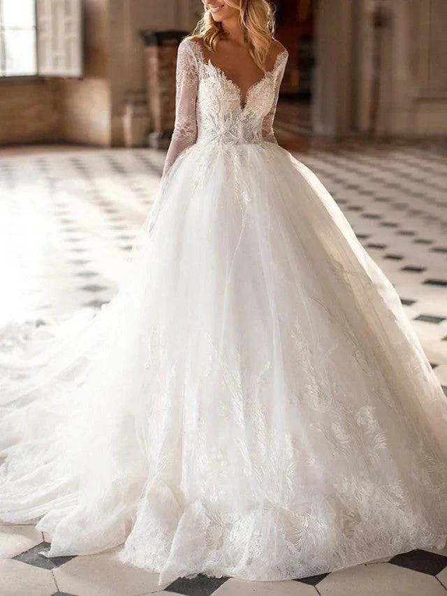 Long A-Line V Neck Court Train Lace Tulle Backless Wedding Dresses with Sleeves