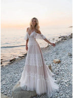 Long A-Line V Neck Lace Tulle Backless Wedding Dresses with Sleeves