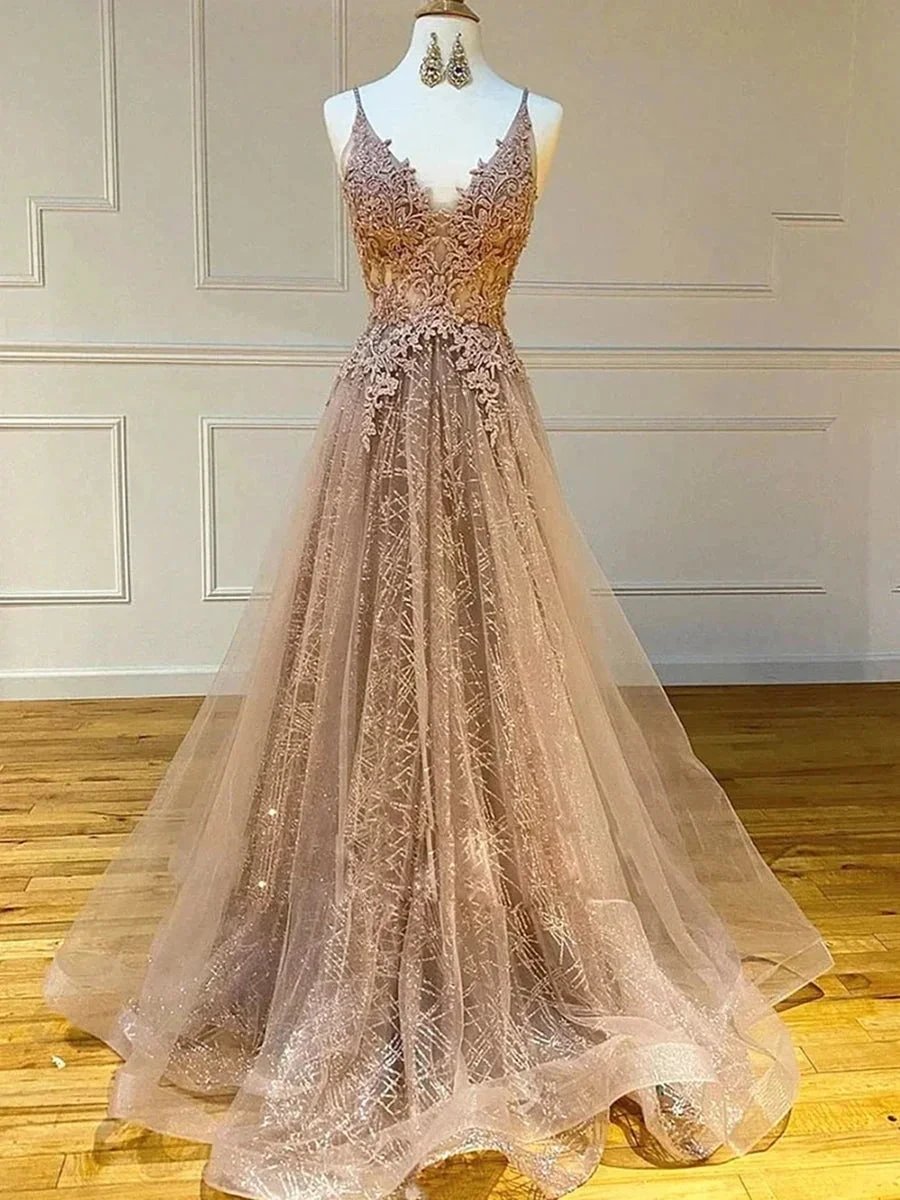 Long A-line V-neck Lace Tulle Prom Formal Graduation Evening Dresses