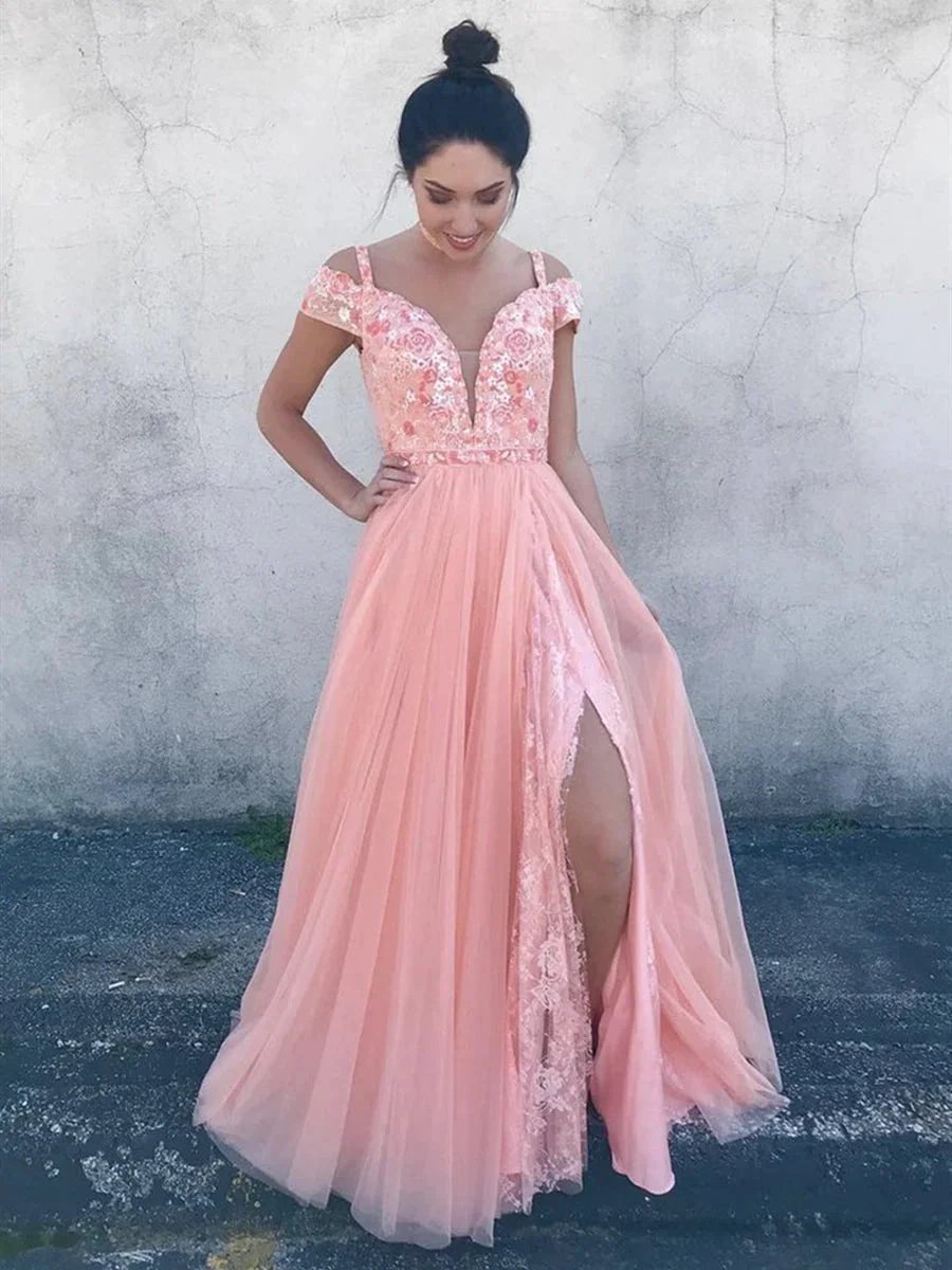 Long A-line V Neck Off Shoulder Tulle Lace Floral Prom Formal Evening Dresses with Slit