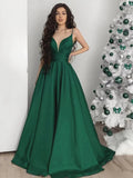 Long A-line V-neck Satin Backless Formal Evening Prom Dresses