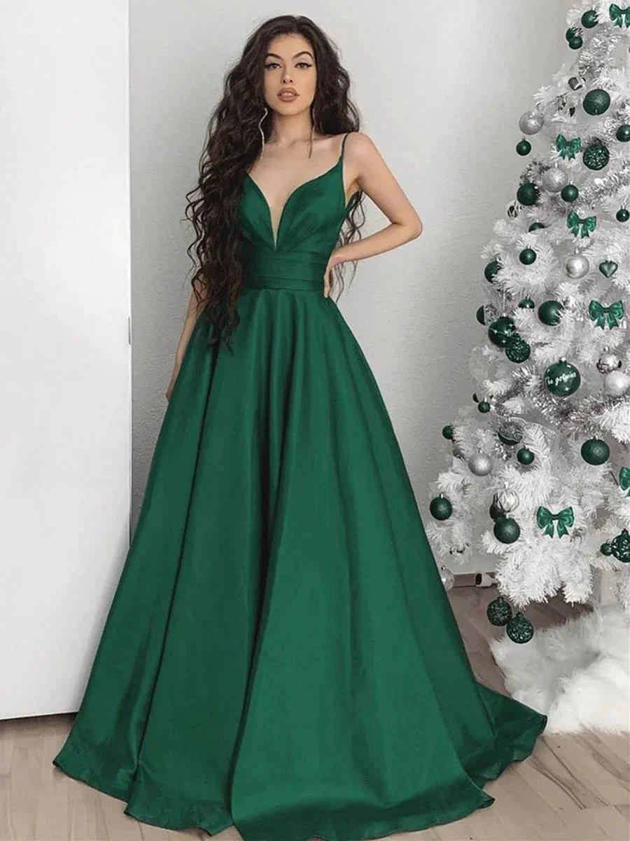 Long A-line V-neck Satin Backless Formal Evening Prom Dresses
