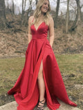 Long A Line V Neck Satin Front Slit Formal Graduation Prom Dresses with Pockets