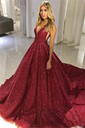 Long A-line V-neck Sequined Open Back Prom Dress
