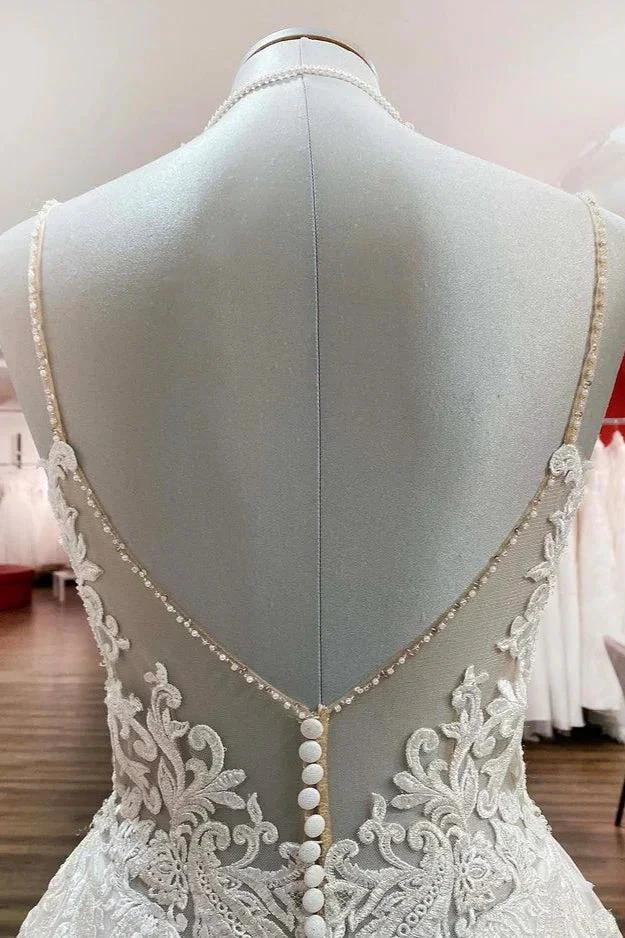 Long A-line V-neck Spaghetti Straps Backless Wedding Dress with Lace