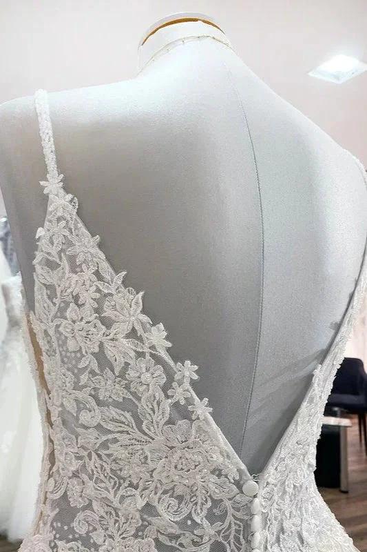 Long A-line V-neck Spaghetti Straps Tulle Lace Backless Wedding Dress