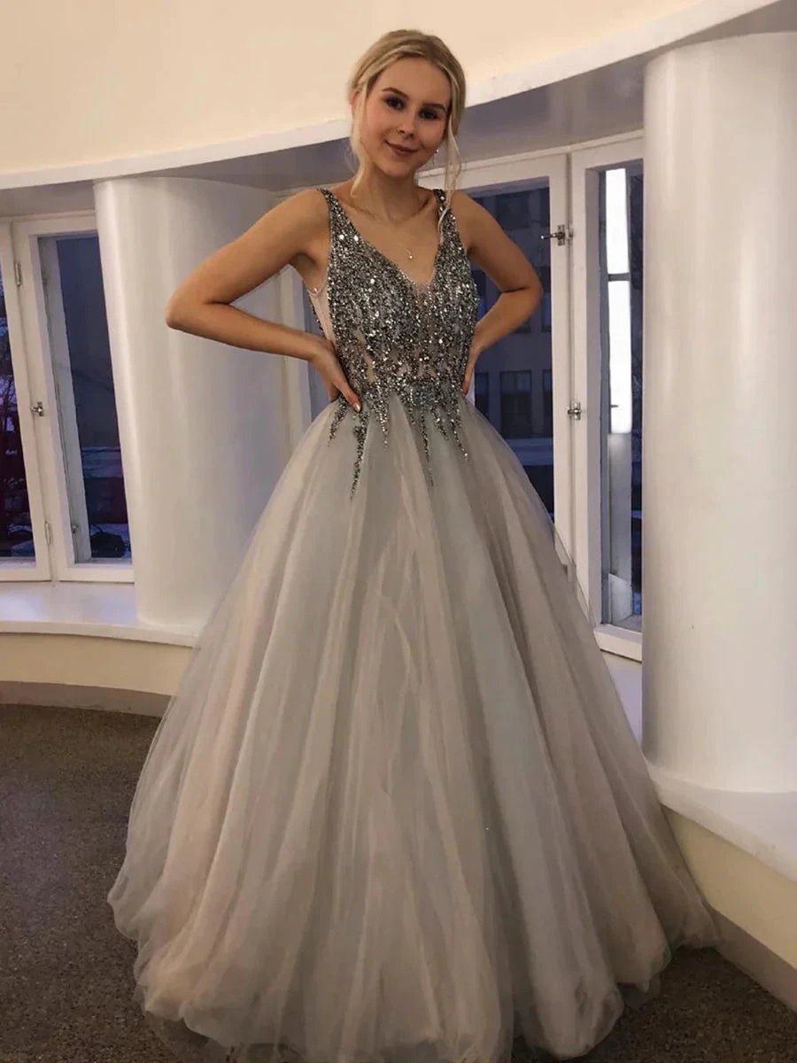 Long A-line V Neck Tulle Backless Beaded Prom Formal Graduation Evening Dresses