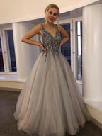 Long A-line V Neck Tulle Backless Beaded Prom Formal Graduation Evening Dresses