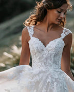 Long A-line V-neck Tulle Backless Lace Wedding Dress