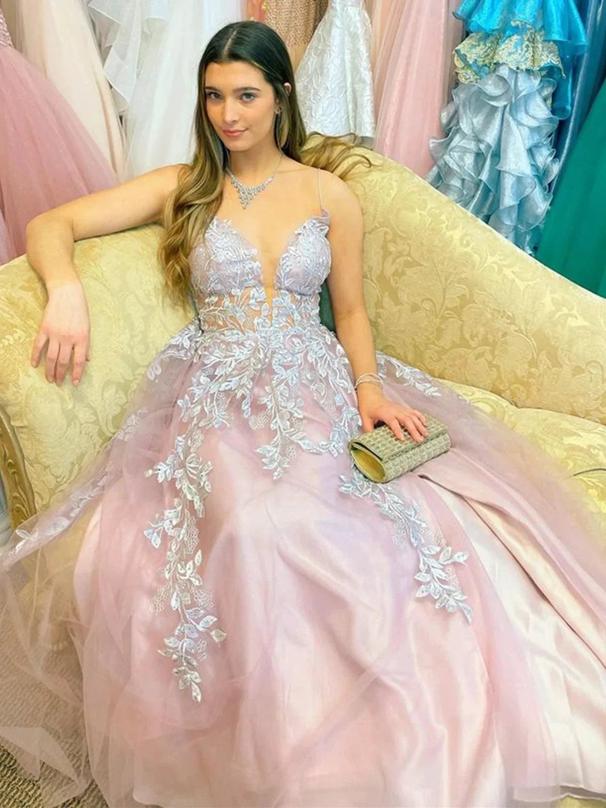 Long A-line V-neck Tulle Front Slit Formal Prom Dress with Lace Appliques