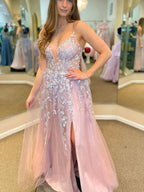 Long A-line V-neck Tulle Front Slit Formal Prom Dress with Lace Appliques