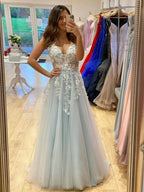 Long A Line V Neck Tulle Lace 3D Flowers Formal Graduation Prom Dresses