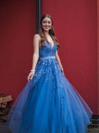 Long A-line V-neck Tulle Lace Appliques Formal Prom Dresses with Belt