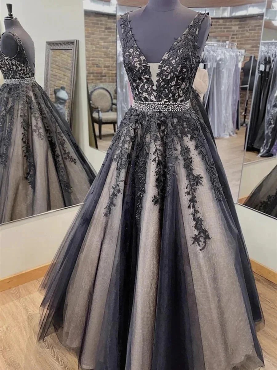 Long A-line V-neck Tulle Lace Backless Formal Evening Prom Dresses