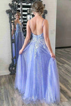 Long A-line V Neck Tulle Lace Backless Prom Dress Purple Lace Floral Formal Graduation Evening Dresses