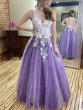 Long A-line V-neck Tulle Lace Floral 3D Flower Formal Prom Dresses