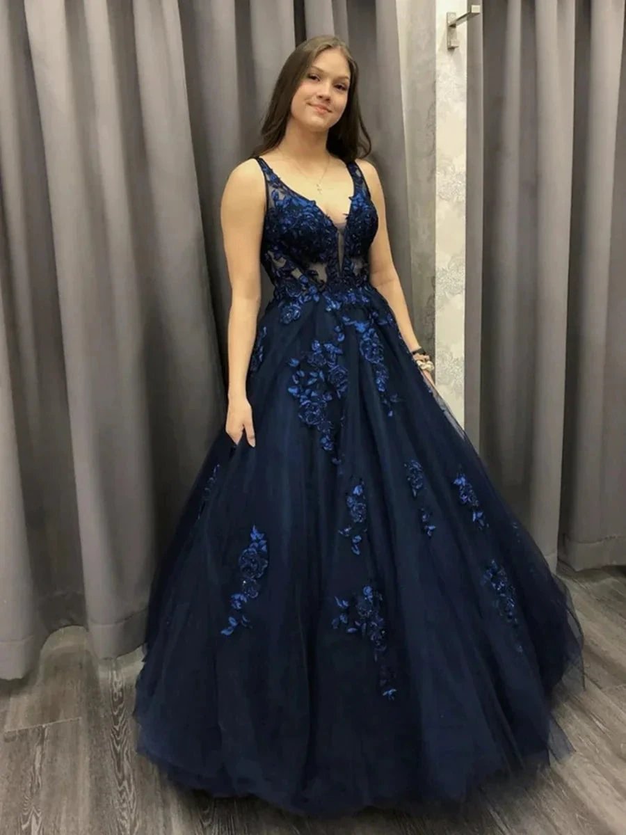 Long A-line V-neck Tulle Lace Formal Evening Dresses Dark Navy Prom Dresses