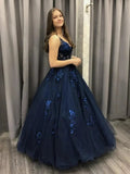 Long A-line V-neck Tulle Lace Formal Evening Dresses Dark Navy Prom Dresses