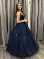 Long A-line V-neck Tulle Lace Formal Evening Dresses Dark Navy Prom Dresses