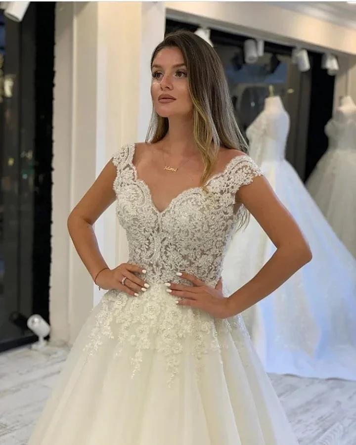 Long A-Line V-neck Wide Straps Appliques Lace Pearl Tulle Wedding Dress