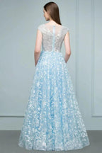 Long Appliqued Tulle A-line Cap Sleeves Prom Dresses