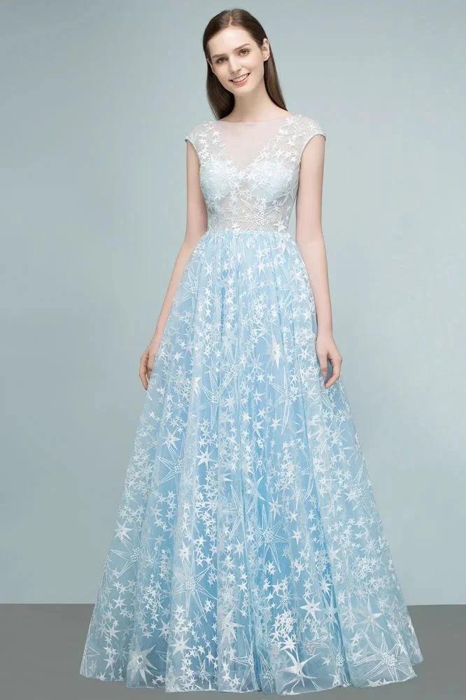 Long Appliqued Tulle A-line Cap Sleeves Prom Dresses