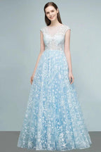 Long Appliqued Tulle A-line Cap Sleeves Prom Dresses