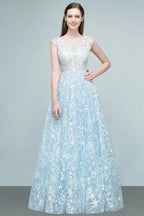 Long Appliqued Tulle A-line Cap Sleeves Prom Dresses