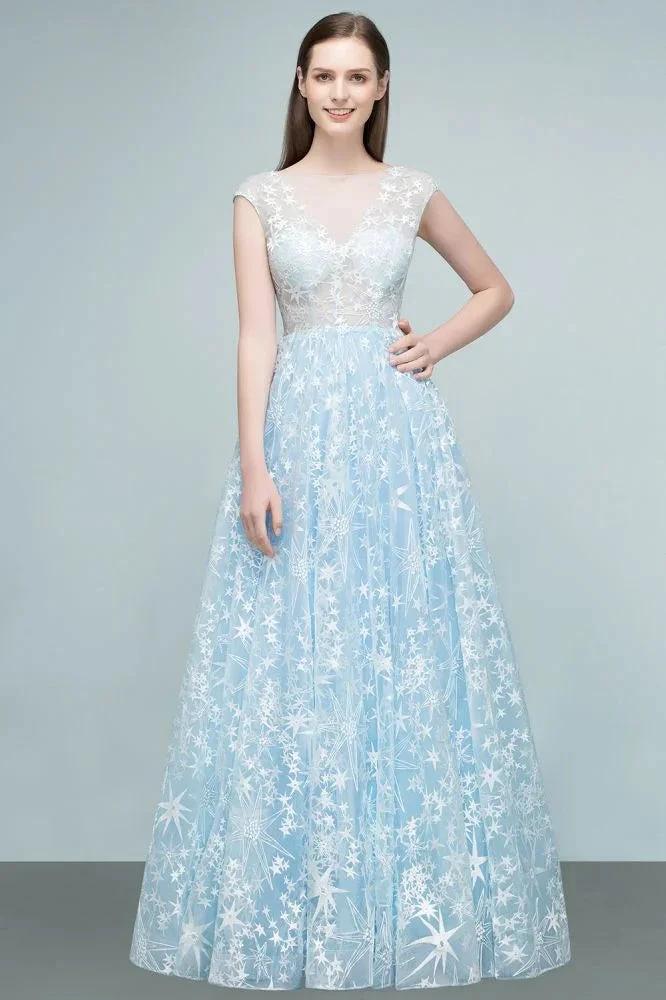 Long Appliqued Tulle A-line Cap Sleeves Prom Dresses