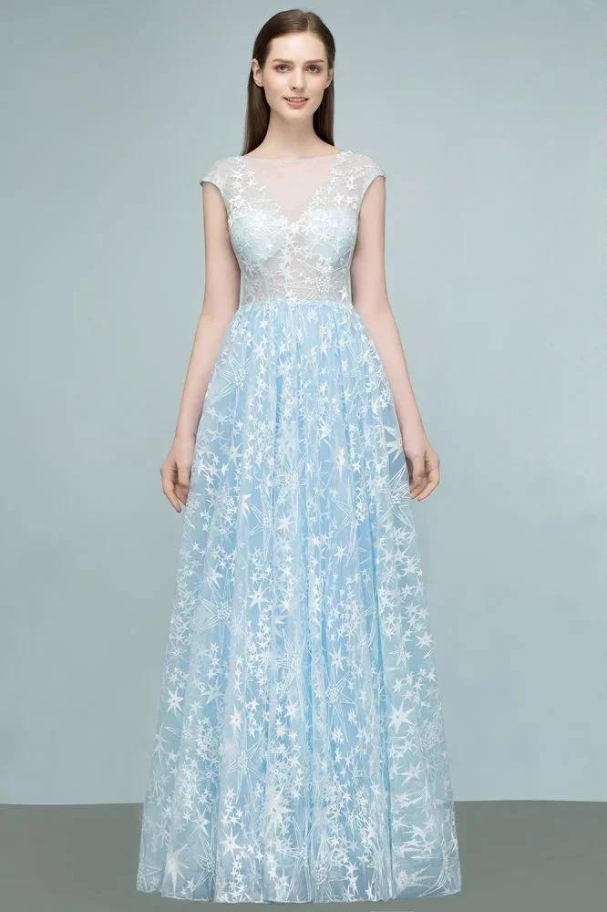 Long Appliqued Tulle A-line Cap Sleeves Prom Dresses