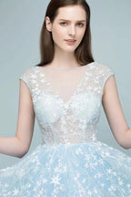 Long Appliqued Tulle A-line Cap Sleeves Prom Dresses