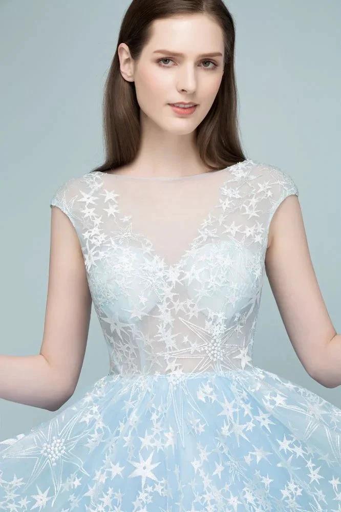 Long Appliqued Tulle A-line Cap Sleeves Prom Dresses
