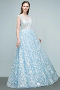 Long Appliqued Tulle A-line Cap Sleeves Prom Dresses